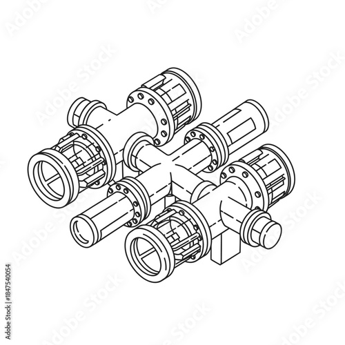 A precise isometric line drawing illustrates a complex industrial pipeline junction, featuring interconnected valves, flanges, and conduits, essential for modern engineering design.