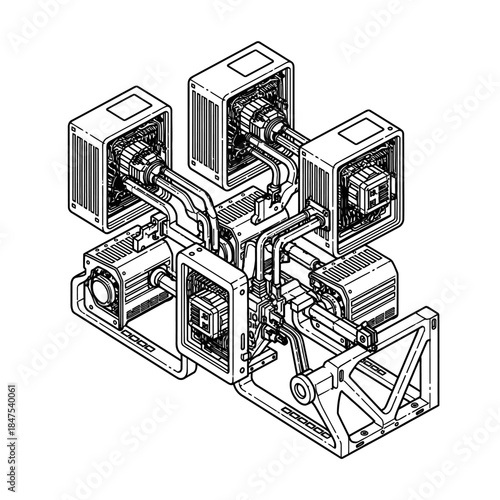 An intricate isometric line drawing illustrates a complex modular technological system with interconnected components, representing advanced engineering and data infrastructure.
