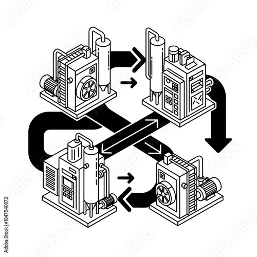 An isometric line art illustration depicts an industrial process cycle, showing four interconnected machinery units in a continuous flow, representing efficiency and system.