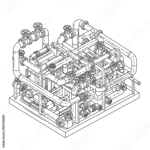 A detailed isometric line drawing depicts a complex industrial piping system, showcasing numerous interconnected valves and components essential for fluid management.
