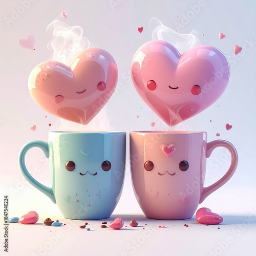** Cute Kawaii Coffee Mugs with Heart-Shaped Steam and Adorable Expressions for Sweet Moments