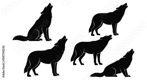 Several black wolf silhouettes howling against a white background.