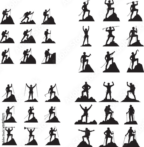 “Mountain Climber at Peak Silhouette – Summit Achievement, Goal, Success Icon”