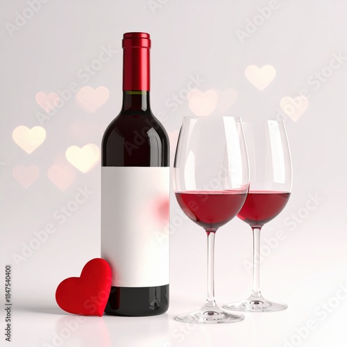 Romantic Red Wine Bottle and Glasses with Heart Symbol for Celebrating Love and Special Occasions