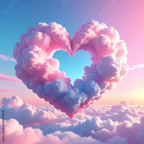 Pink Heart Shaped Clouds Floating in Blue Sky with Sunlight and Fluffy Cloud Background