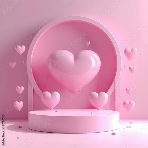 Pink Heart Sculptures Surrounded by Smaller Hearts in a Soft Pink Display Setting