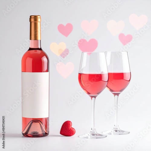 Romantic setting with a bottle of ros wine two glasses and heart shaped decor elements
