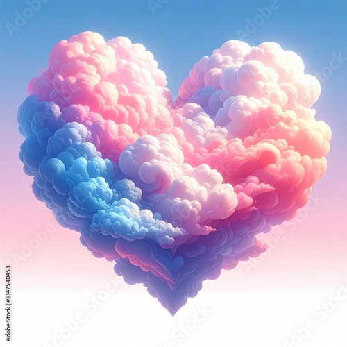 Heart shaped colorful clouds in gradient sky with shades of pink and blue