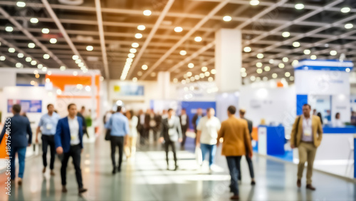 Blurry image of people walking in a large exhibition hall with booths and lights on the ceiling in a convention center