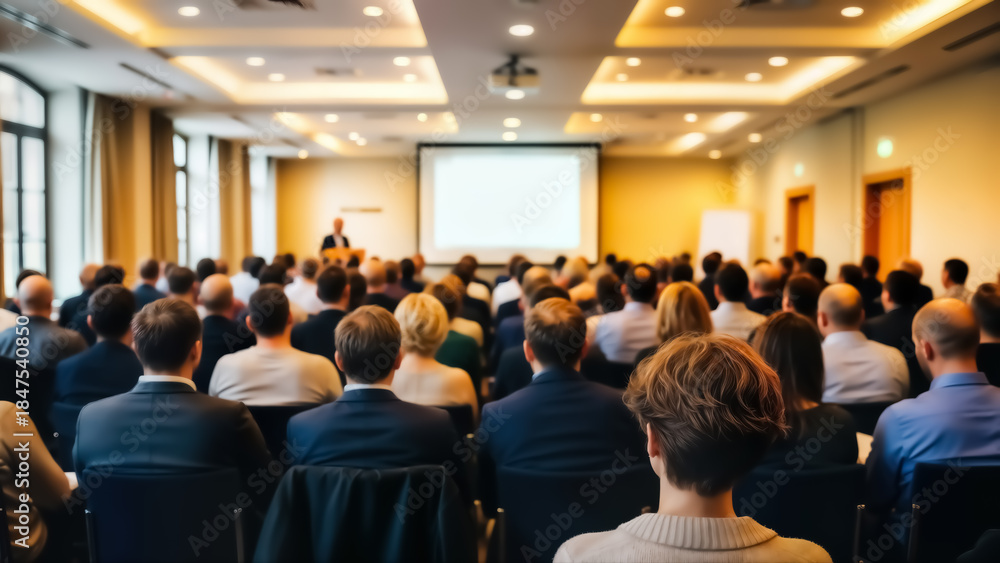 Obraz premium A large audience of business professionals sitting in a conference room with a projector screen