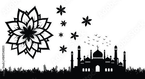 Silhouette of a mosque with decorative elements and birds in the sky.