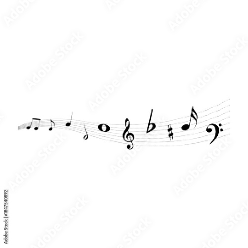 Halftone illustration of musical notes on staff, abstract dotted music background in black and white, symbolizing melody, rhythm and sound for design, print and digital projects.