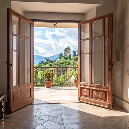 Old Wooden Doors Open to a Sunny Balcony Overlooking a Historic Tower