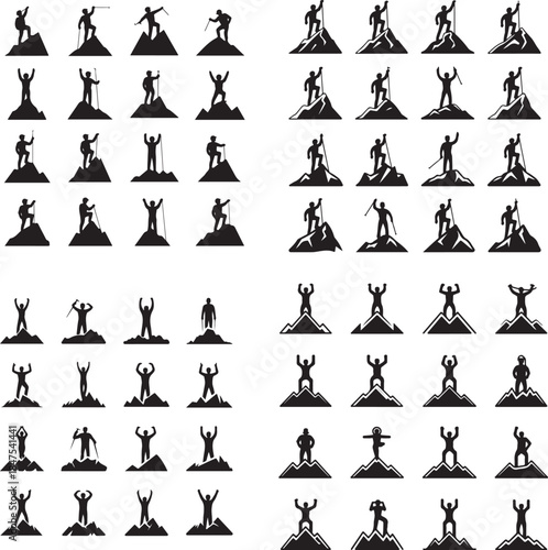 “Mountain Climber at Peak Silhouette – Summit Achievement, Goal, Success Icon”