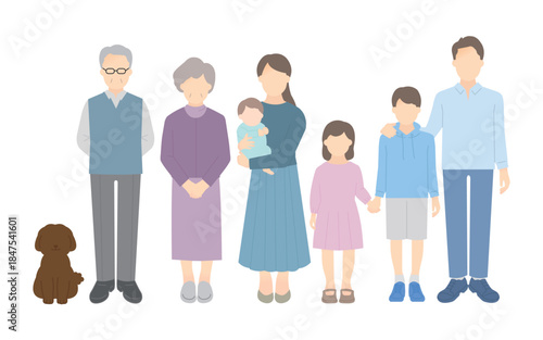 家族のイラストベクター素材（3世代・7人家族）
