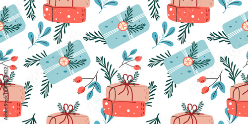 Seamless vector hand drawn pattern with gift boxes and winter plants.