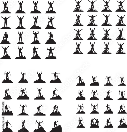 “Mountain Climber at Peak Silhouette – Summit Achievement, Goal, Success Icon”