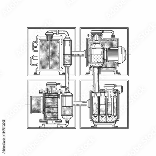 An intricate vintage engineering blueprint illustrates a complex industrial refrigeration system with interconnected components, showcasing detailed mechanical processes and fluid dynamics.
