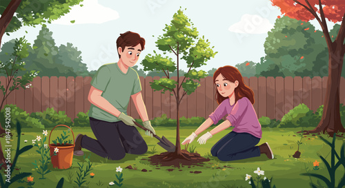 Tree planting in backyard, couple gardening together, autumn outdoor activity, eco-friendly lifestyle, teamwork, nature care, sustainable living, environment, soil, shovel