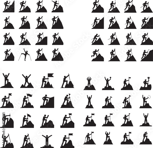 “Mountain Climber at Peak Silhouette – Summit Achievement, Goal, Success Icon”