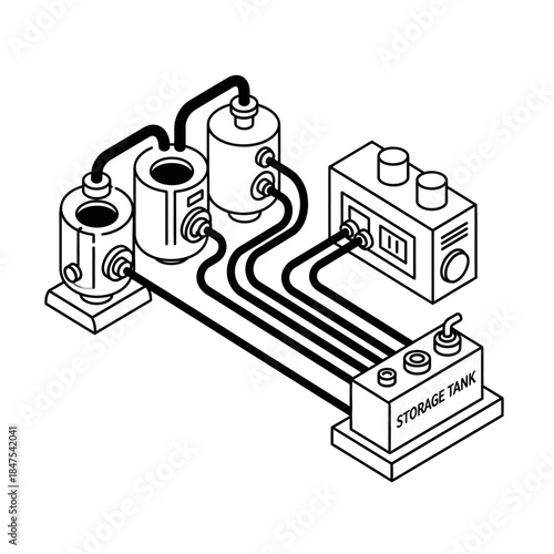 Isometric line art illustrates a detailed industrial processing system featuring multiple interconnected tanks, pipes, and a storage unit, ideal for technical diagrams.
