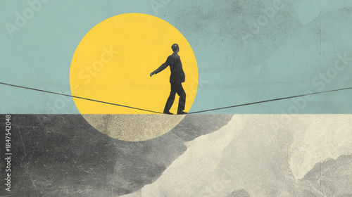Man silhouette balance tightrope retro collage minimal sun man silhouette balance tightrope retro collage minimal sun abstract risk business cliff danger challenge concept sky yellow blue texture