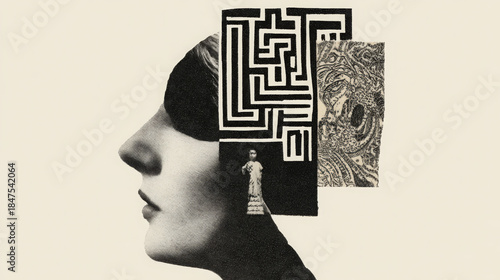 Surreal portrait profile human face silhouette mind maze concept abstract collage art vintage retro style minimal design psychological metaphor creative imagination mental health inner world