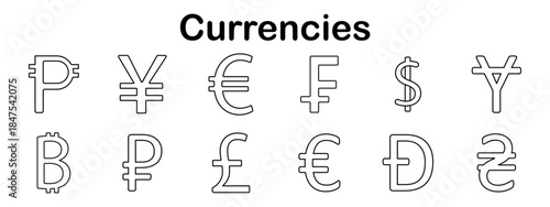 Currencies set icon. Line style monetary symbols for global and digital currencies including dollar, euro, yen, pound, bitcoin, ruble, franc, and others
