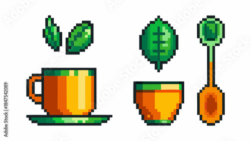 Set of tea accessories silhouettes including cup, spoon, and teapot, a minimalist vector collection for beverage branding and cafe design.