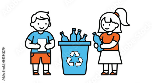 Children are recycling plastic bottles into a blue bin with a recycling symbol.