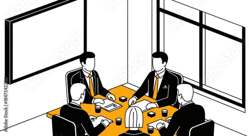 Four people in suits sit around a table in a meeting room.