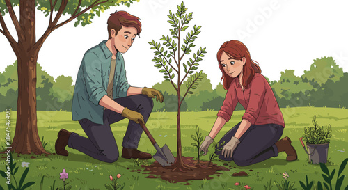 Tree planting teamwork, environmental care, sustainable lifestyle, couple gardening outdoors, nature conservation, green park activity, eco-friendly action, soil preparation, teamwork effort