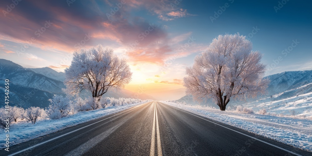 Fototapeta premium Beautiful winter landscape featuring snow-covered trees and icy road with sunrise sky, scenic mountain view, frost details, peaceful outdoor scenery, seasonal nature photography