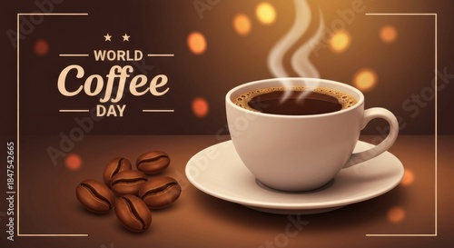 World Coffee Day Celebration with a Fresh Cup of Coffee and Beans