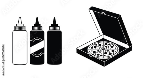 Three sauce bottles and an open pizza box are shown.