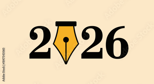 A vintage pen nib replaces the number 0 in the year 2026.