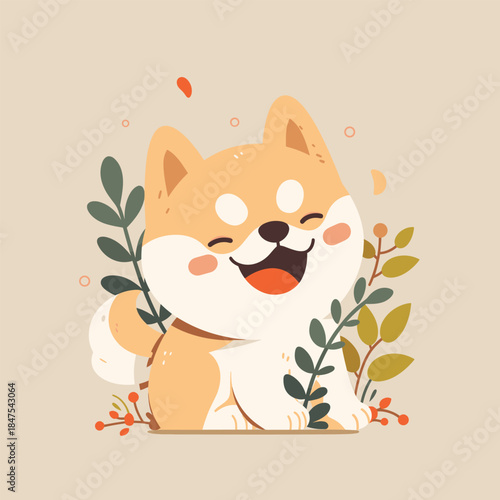Happy Shiba Inu Dog with Green Leaves and Red Berries.