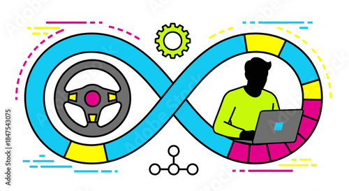 A person works on a laptop within an infinity loop symbol.