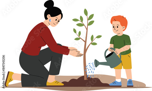 Tree planting, environmental care, child watering tree, mother and son, nature activity, green lifestyle, sustainability, outdoor education, eco-friendly, teamwork
