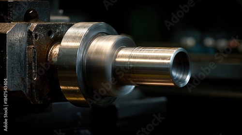 Fototapeta kuchenna mandrel. A conical metal lathe mandrel rotating with an unfinished tube sleeve fitted over it. safety posters, maintenance manuals, designed for precision metalworking and fabrication facilities.