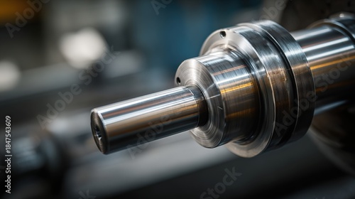 Naklejka mandrel. A conical metal lathe mandrel rotating with an unfinished tube sleeve fitted over it. safety posters, maintenance manuals, designed for precision metalworking and fabrication facilities.
