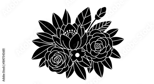 A black and white illustration of a floral bouquet with roses and lotus flowers.