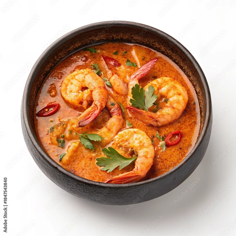 Fototapeta premium Traditional Indian Prawn Curry in Bowl, Top View
