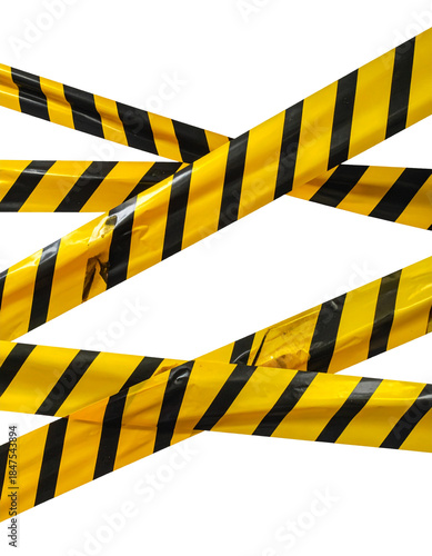 Two strips of wrinkled yellow and black striped caution tape for restricted areas Isolated on transparent or white, Cut out
