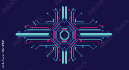 Abstract digital circuit board pattern with geometric shapes and lines.