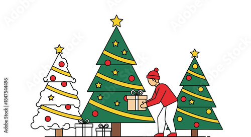 Person decorates a Christmas tree with a gift in a festive scene.