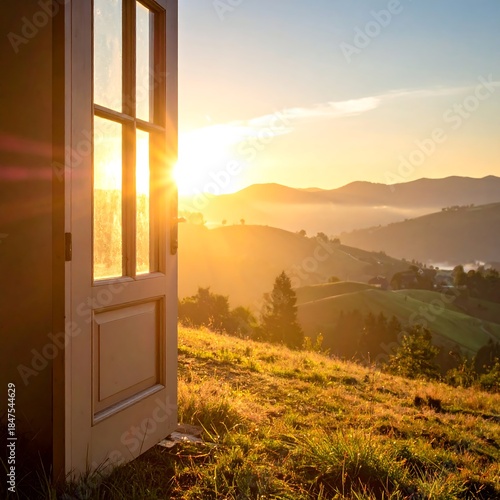 Open Door Reveals Golden Sunrise over Serene Rolling Hills and Mountains