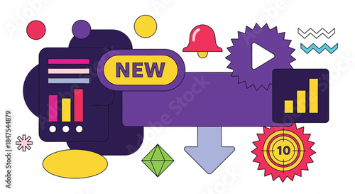 Abstract graphic elements with a 'NEW' label and notification bell.