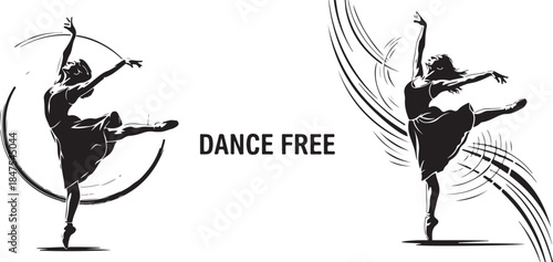 Two ballerinas dancing with dynamic motion lines in black and white