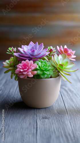Wallpaper Mural Small ceramic pot with colorful succulent plants arranged on a rustic wooden surface.
 Torontodigital.ca